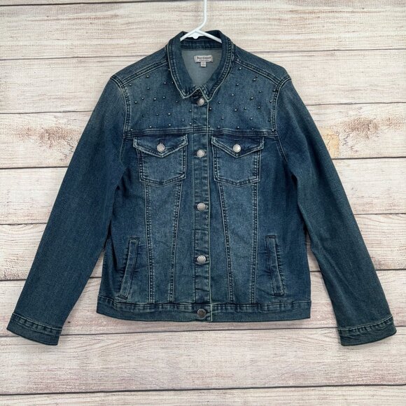 Juicy Couture‎ Studded Denim Trucker Jacket Women's Size Large Blue Medium Wash - Picture 1 of 12